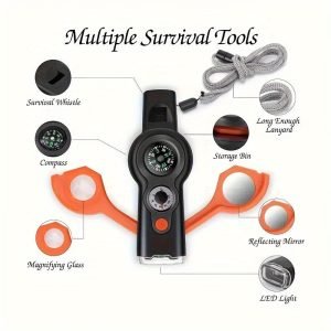 7-in-1 Emergency Survival Function Whistle, Multi-Function Whistle Compass, Outdoor Multifunctional Tool Safety Whistle With Lanyard, Ideal For Kayaking, Boating, Hiking, Camping, Climbing, Fishing, Rescue
