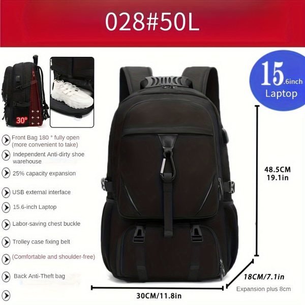 50/80L Travel Backpack With Shoe Compartment, Waterproof Sports Bagpack, Fits For 17-Inch Laptop