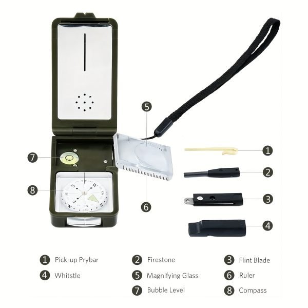 Ultimate Survival Compass with 10 Functions - Humidity Meter, Thermometer, Whistle, LED Flashlight, Igniter, Level Gauge - Perfect for Hiking, Camping, and Outdoor Adventures