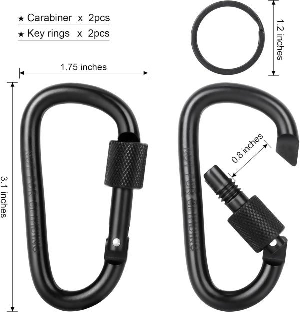 Carabiner Clip, 3" Locking Carabiners, D Ring Shape Caribeaner with Key Rings, Aluminum Carabiner for Keychain Clip, Black, 2 Pack