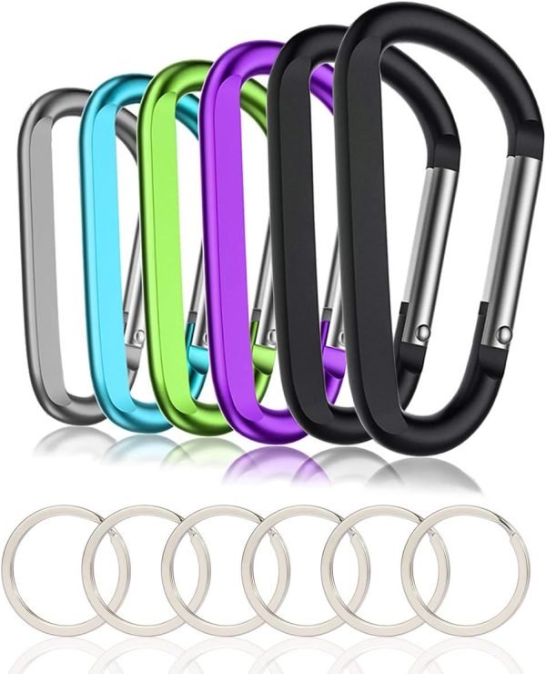 6PCS Black Carabiner Caribeaner Clip,3" Large Aluminum D Ring Shape Carabeaner with 6PCS Keyring Keychain Hook…