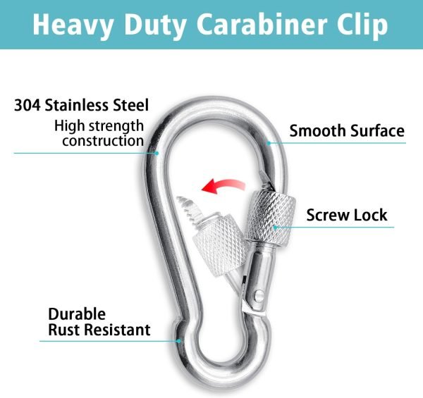 304 Stainless Steel Locking Carabiners with Screw.Heavy Duty Carabiner Clip for Camping ＆ Travelling.Spring Snap Hook for Outdoor Use.