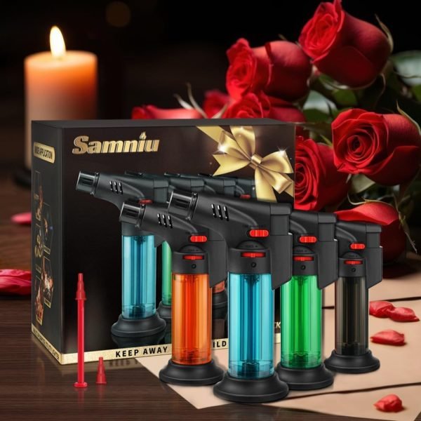 4 Pack of Torch Lighter, Jet Flame, Butane gas, Mini Refillable Windproof Lighters, for candle, fireplace, grill (Gas not Included)