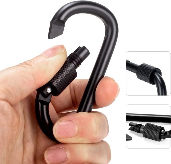 Carabiner Clip, 3" Locking Carabiners, D Ring Shape Caribeaner with Key Rings, Aluminum Carabiner for Keychain Clip, Black, 2 Pack