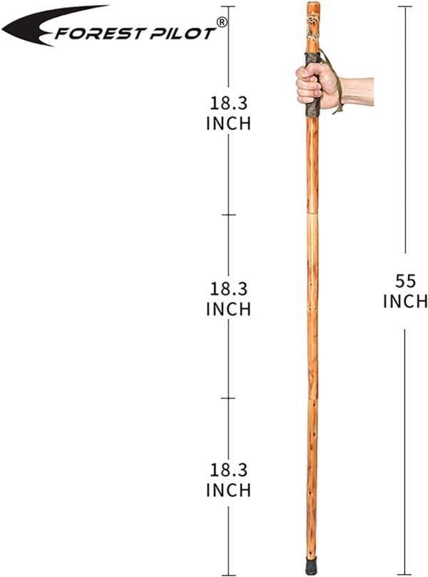 3pc Detachable Fir Wood Walking Stick for Hiking with Compass 55 Inches - with Animal Carving - Soft Hand Strap - Rubber Tip Cover
