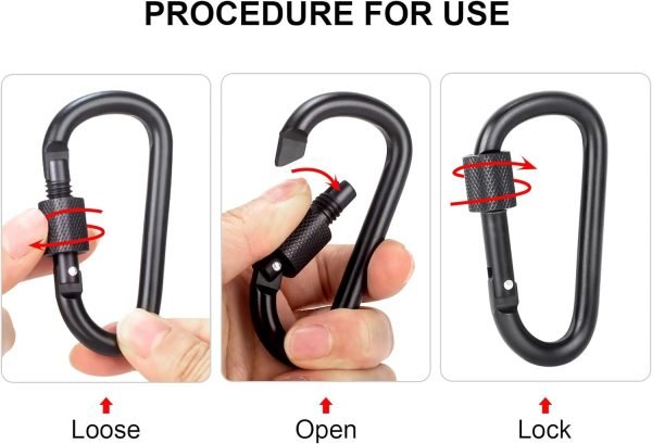 Carabiner Clip, 3" Locking Carabiners, D Ring Shape Caribeaner with Key Rings, Aluminum Carabiner for Keychain Clip, Black, 2 Pack