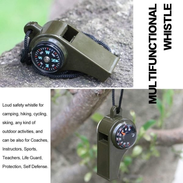 2 Pack Emergency Survival Whistle, 3-in-1 Emergency Whistles with Compass and Thermometer, Loud Safety Whistle with Lanyard for Outdoor Hiking