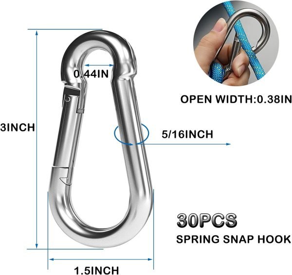 30PCS 3" Heavy Duty Spring Snap Hook, M8 5/16" Galvanized Steel Snap Hook Carabiner Quick Link Carabiner Clip, 500LBS Holding Capacity Quick Link Keychain for Swing Hammock Gym Outdoor