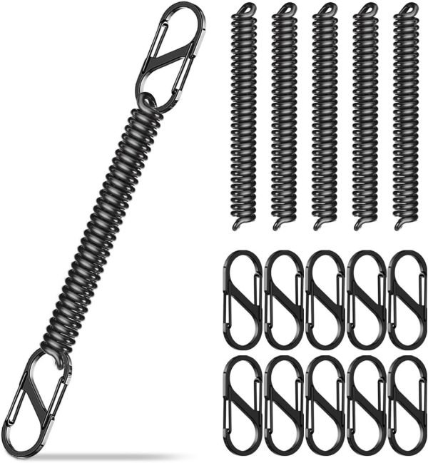 6pc Coiled Retractable Lanyard & 12pc Small S Carabiner Clip, Stretchy Wrist Keychain Bracelet, Fishing Tool Tether, Kayak Bungee Leash, Elastic Pliers Cord, Spiral Wristlet Key Holder
