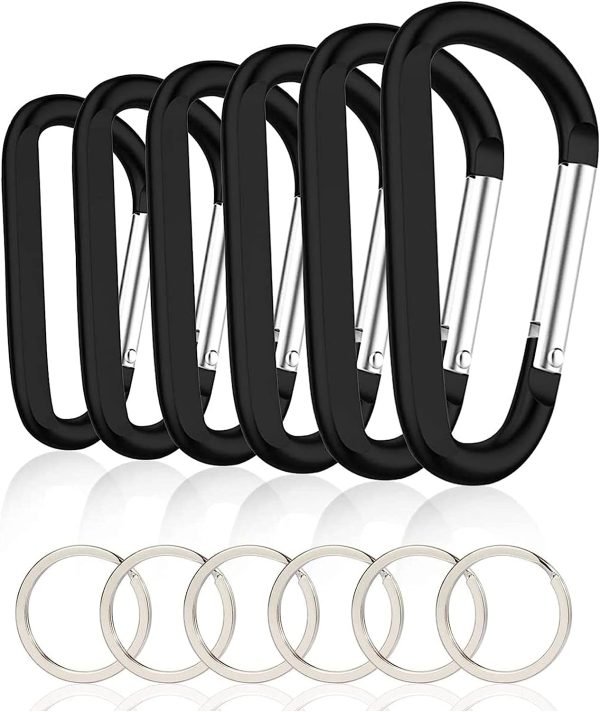 6PCS Black Carabiner Caribeaner Clip,3" Large Aluminum D Ring Shape Carabeaner with 6PCS Keyring Keychain Hook…