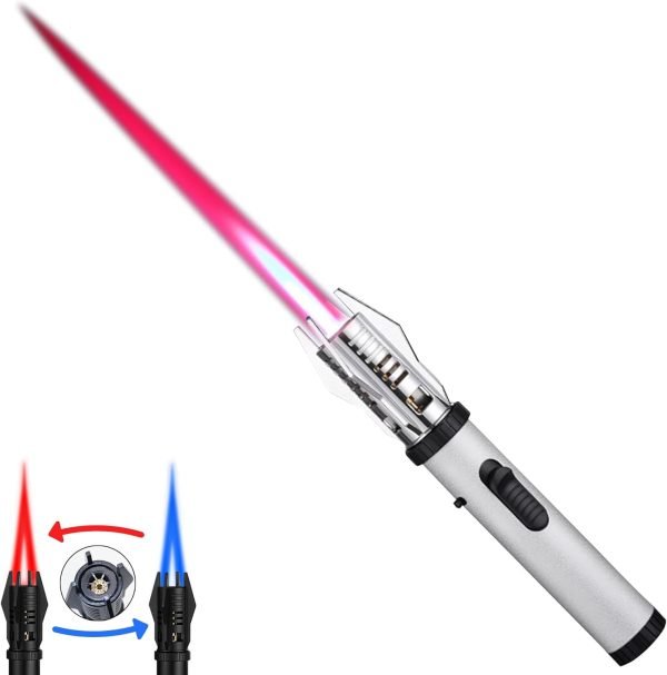 Torch Lighter, Bright Fire Lighter with Safety Lock and Adjustable Red/Blue Flame, Refillable Butane Gas Windproof Jet Flame Cool Lighters, for Candles Campfires BBQ Baking, Camping, Gift