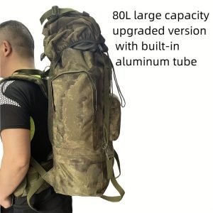 80L Large Capacity Camping Backpack With Inner Aluminum Frame For Men And Women, Waterproof Lightweight Breathable Camouflage Canvas Bag For Outdoor Travel Camping Hunting Trekking Mountaineering