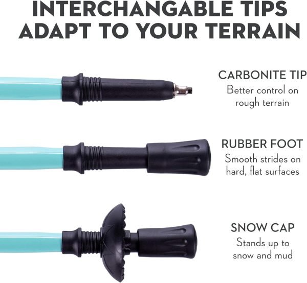 Trekking Pole & Walking Staff | Strong, Lightweight Aluminum | Extends up to 53" Collapses Down to 23" | All-Terrain: Interchangeable Carbonite Ice Pick Tip, Rubber Asphalt Tip, and Snow Cap
