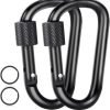 Carabiner Clip, 3" Locking Carabiners, D Ring Shape Caribeaner with Key Rings, Aluminum Carabiner for Keychain Clip, Black, 2 Pack