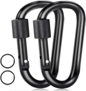 Carabiner Clip, 3" Locking Carabiners, D Ring Shape Caribeaner with Key Rings, Aluminum Carabiner for Keychain Clip, Black, 2 Pack