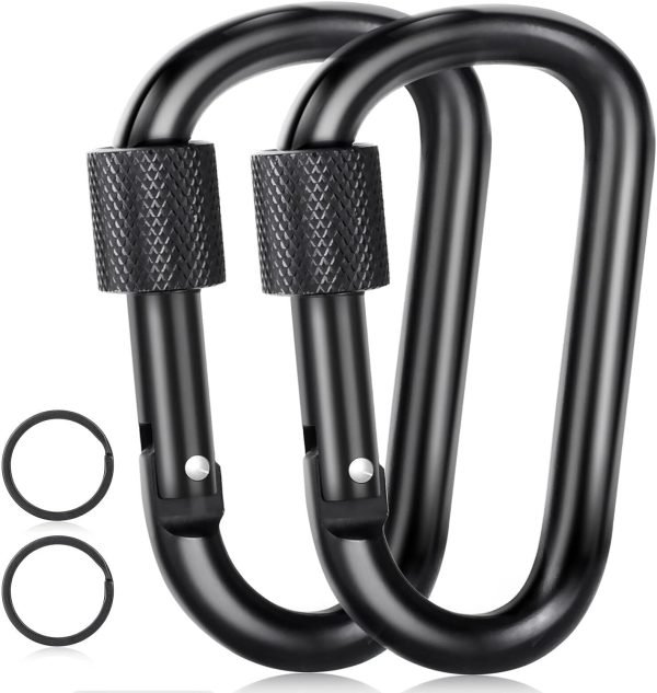 Carabiner Clip, 3" Locking Carabiners, D Ring Shape Caribeaner with Key Rings, Aluminum Carabiner for Keychain Clip, Black, 2 Pack