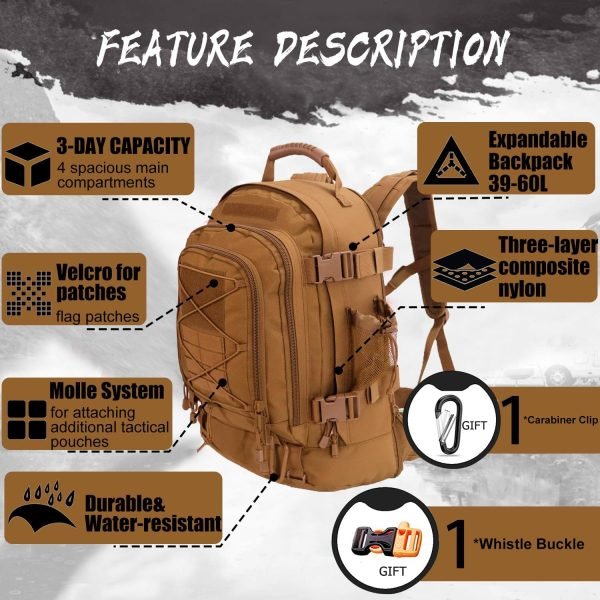 Expandable 40-64L Military Tactical Backpack 3 Day Bag Hiking Gym Sport Camping(Brown)