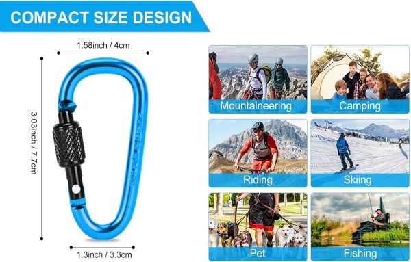10 Pack Aluminum D Ring Key Rings Hiking Clips Locking Carabiner for Hiking Camping Fishing and Outdoor Use，Clips with Screw Gate Multicolored