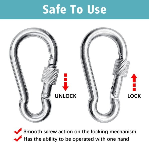 304 Stainless Steel Locking Carabiners with Screw.Heavy Duty Carabiner Clip for Camping ＆ Travelling.Spring Snap Hook for Outdoor Use.