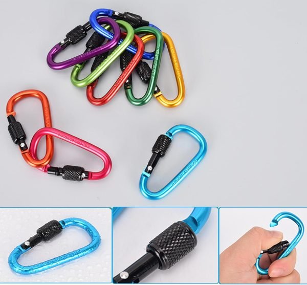 10 Pack Aluminum D Ring Key Rings Hiking Clips Locking Carabiner for Hiking Camping Fishing and Outdoor Use，Clips with Screw Gate Multicolored