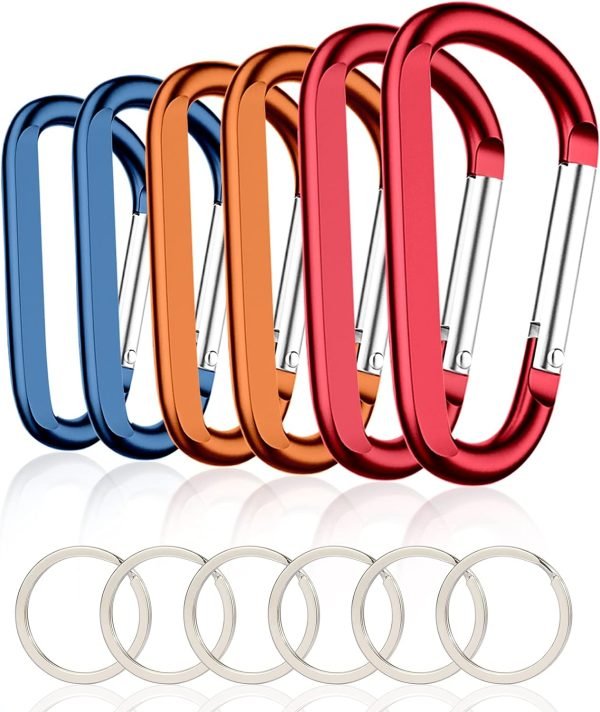 6PCS Black Carabiner Caribeaner Clip,3" Large Aluminum D Ring Shape Carabeaner with 6PCS Keyring Keychain Hook…