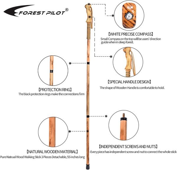 3-pc Detachable Hardwood Walking Stick Pine Handle with Compass (Nature Color, 55 Inches, 1 Piece)