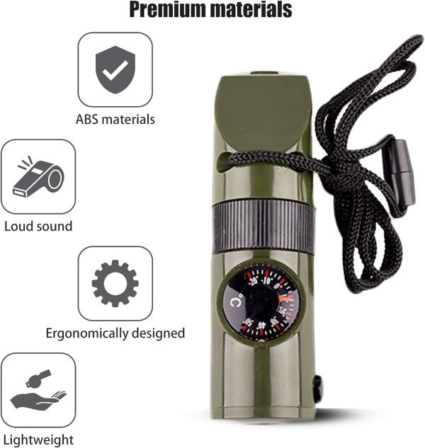 Emergency Survival Whistle,Multifunctional Outdoor Tools,Loud Safety Signaling,Compass/Thermometer/Light/Magnifier/Reflector Mirror/Storage Room/Lanyard,Expedition/Exploration/Hiking/Camping/Climbing