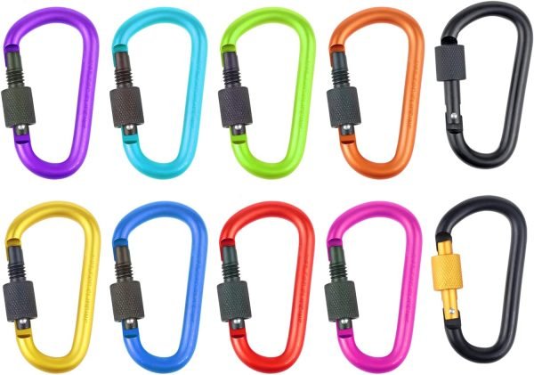 10 Pack Aluminum D Ring Key Rings Hiking Clips Locking Carabiner for Hiking Camping Fishing and Outdoor Use，Clips with Screw Gate Multicolored