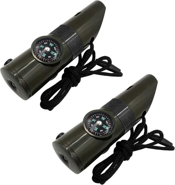 2 Pack Emergency Survival Whistle, 3-in-1 Emergency Whistles with Compass and Thermometer, Loud Safety Whistle with Lanyard for Outdoor Hiking