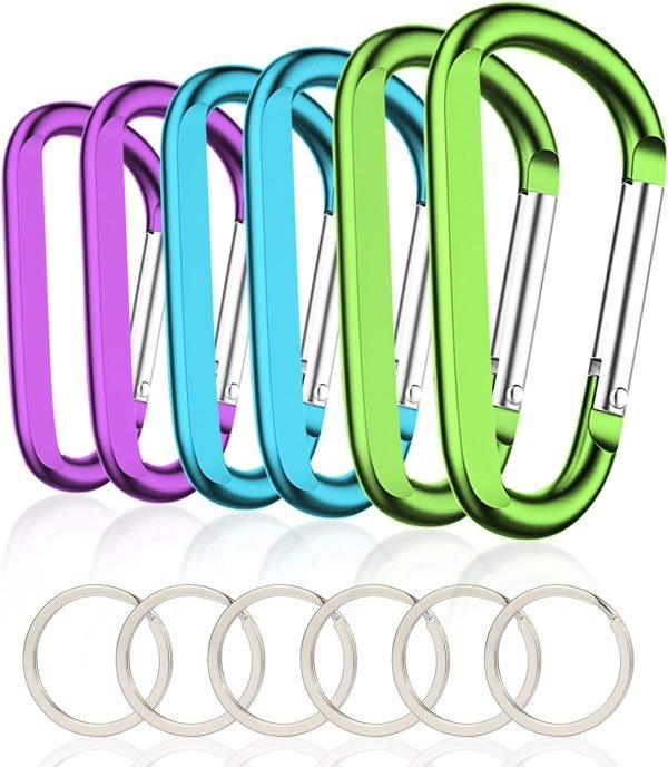 6PCS Black Carabiner Caribeaner Clip,3" Large Aluminum D Ring Shape Carabeaner with 6PCS Keyring Keychain Hook…