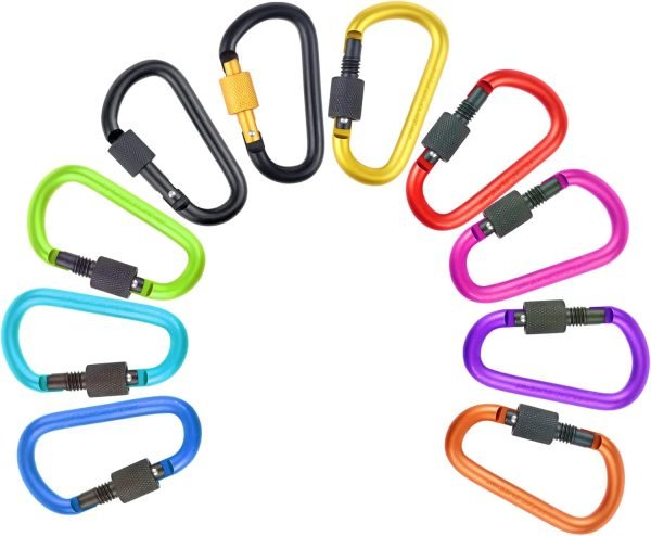 10 Pack Aluminum D Ring Key Rings Hiking Clips Locking Carabiner for Hiking Camping Fishing and Outdoor Use，Clips with Screw Gate Multicolored