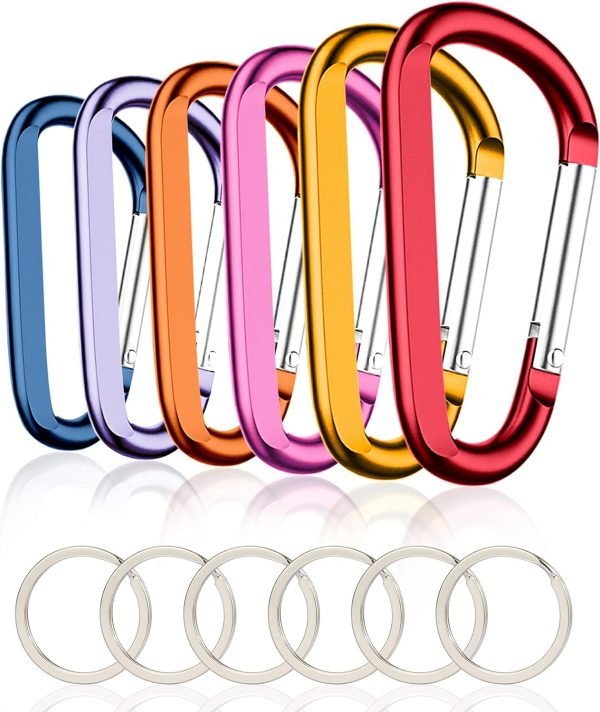 6PCS Black Carabiner Caribeaner Clip,3" Large Aluminum D Ring Shape Carabeaner with 6PCS Keyring Keychain Hook…