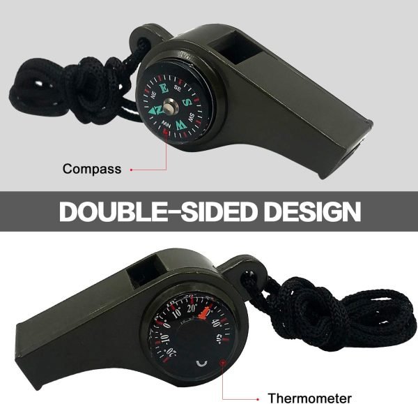 2 Pack Emergency Survival Whistle, 3-in-1 Emergency Whistles with Compass and Thermometer, Loud Safety Whistle with Lanyard for Outdoor Hiking