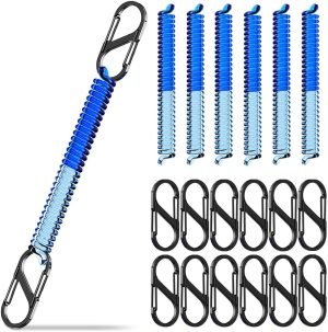 6pc Coiled Retractable Lanyard & 12pc Small S Carabiner Clip, Stretchy Wrist Keychain Bracelet, Fishing Tool Tether, Kayak Bungee Leash, Elastic Pliers Cord, Spiral Wristlet Key Holder