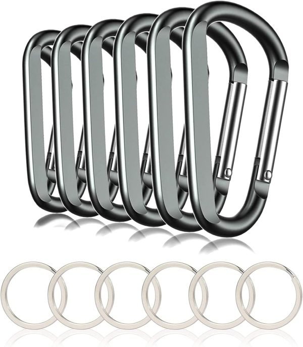 6PCS Black Carabiner Caribeaner Clip,3" Large Aluminum D Ring Shape Carabeaner with 6PCS Keyring Keychain Hook…