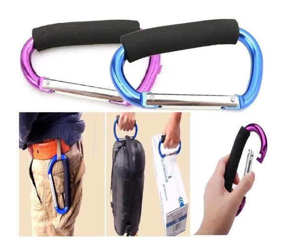 Large Stroller Hooks for Mommy, 2 pcs Carabiner Stroller Hook Organizer for Hanging Purses, Diaper Bag, Shopping Bags. Clip Fits Single/Twin Travel Systems, Car Seats and Joggers (Black+Rose)