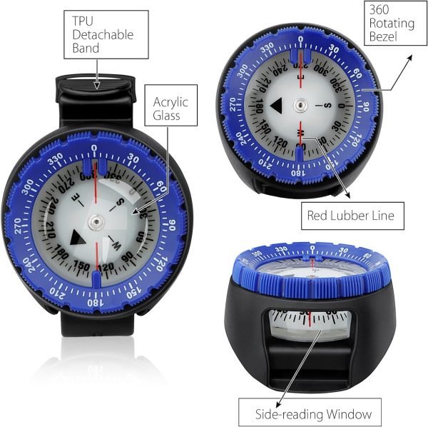 Scuba Compass, Professional Waterproof 5ATM Dive Wrist Compass with TPU Band for Outdoor Sports Diving, Sailing, Hiking, Survival Emergency