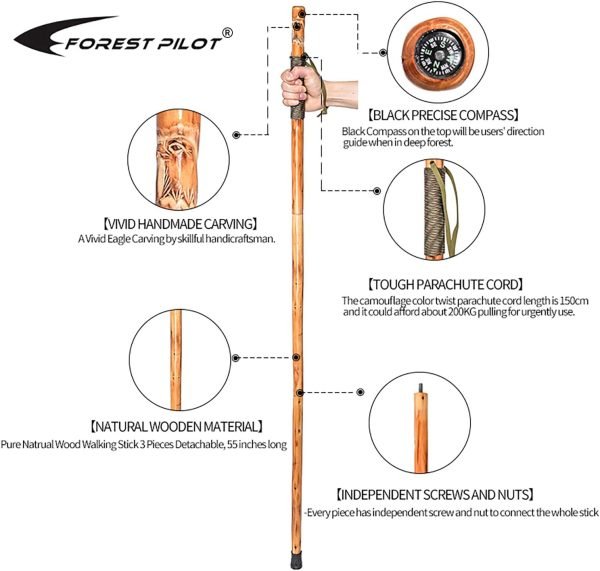 3pc Detachable Fir Wood Walking Stick for Hiking with Compass 55 Inches - with Animal Carving - Soft Hand Strap - Rubber Tip Cover