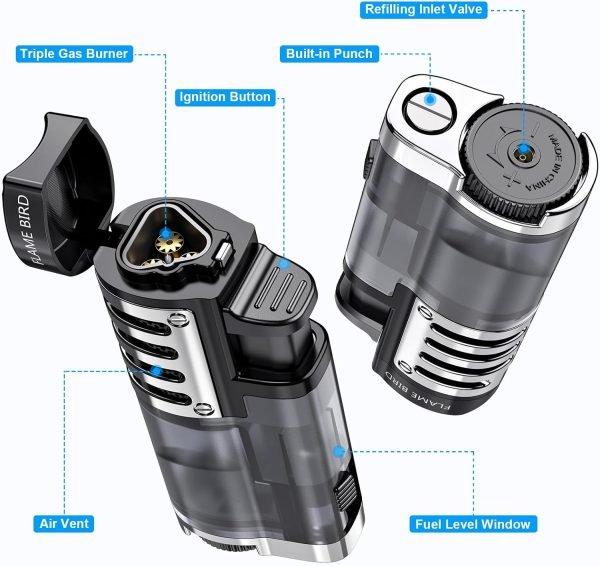 Torch Lighter Butane Refillable Triple Jet Flame Torch Lighters, Windproof Adjustable Flame Butane Torch Lighter with Punch 2 Pack (Without Fuel)