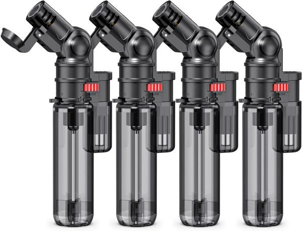 Torch Lighters, 4 Pack, Butane Refillable Torch Lighter, Rotatable Head, Windproof, Multi Utility Mini Lighter for Candles Fireplaces Campfires Grill BBQ (Without Butane)