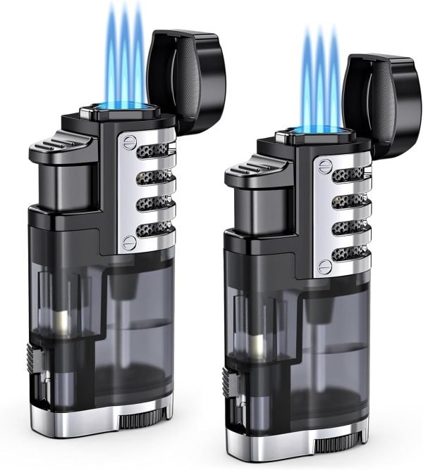 Torch Lighter Butane Refillable Triple Jet Flame Torch Lighters, Windproof Adjustable Flame Butane Torch Lighter with Punch 2 Pack (Without Fuel)