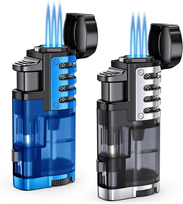Torch Lighter Butane Refillable Triple Jet Flame Torch Lighters, Windproof Adjustable Flame Butane Torch Lighter with Punch 2 Pack (Without Fuel)