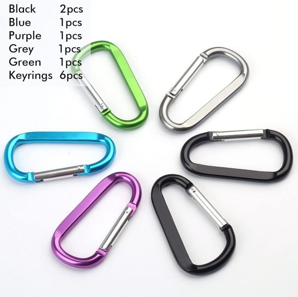 6PCS Black Carabiner Caribeaner Clip,3" Large Aluminum D Ring Shape Carabeaner with 6PCS Keyring Keychain Hook…
