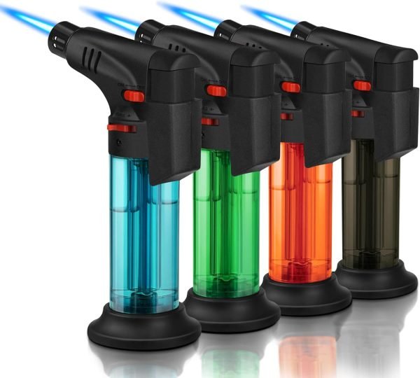 4 Pack of Torch Lighter, Jet Flame, Butane gas, Mini Refillable Windproof Lighters, for candle, fireplace, grill (Gas not Included)