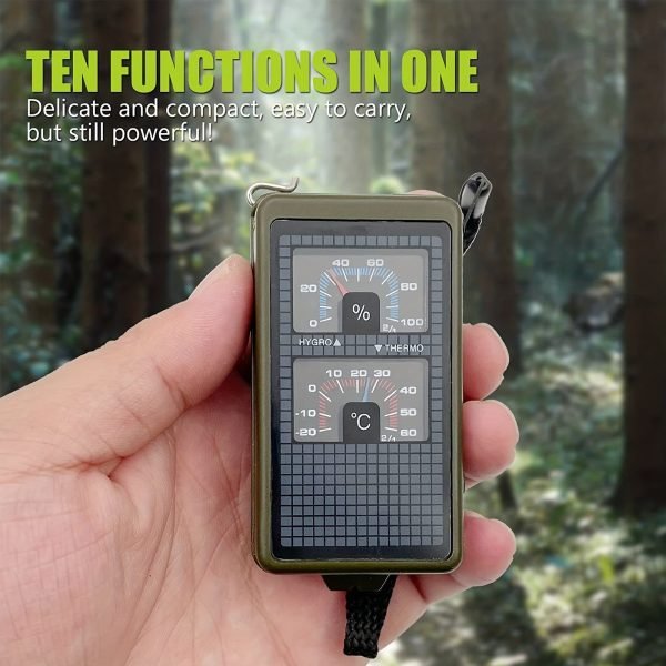 Ultimate Survival Compass with 10 Functions - Humidity Meter, Thermometer, Whistle, LED Flashlight, Igniter, Level Gauge - Perfect for Hiking, Camping, and Outdoor Adventures