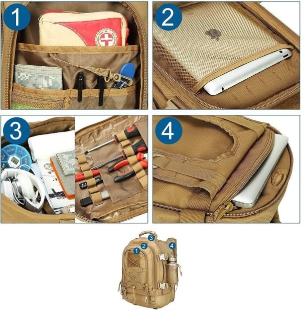 Expandable 40-64L Military Tactical Backpack 3 Day Bag Hiking Gym Sport Camping(Brown)