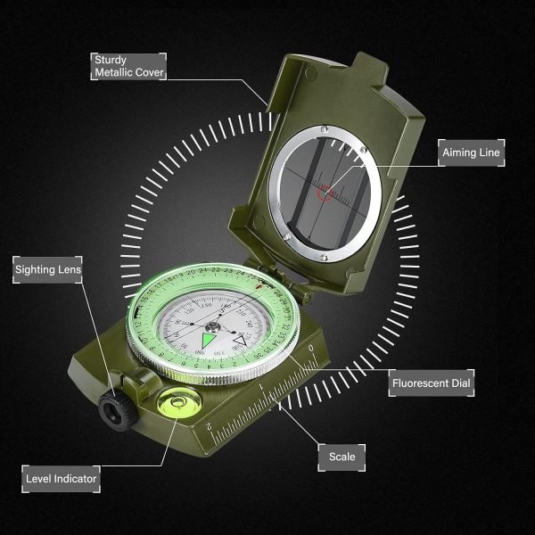 Military Lensatic Sighting Compass Survival with Carrying Bag, Compass for Hiking,Waterproof and Shakeproof, Army Green