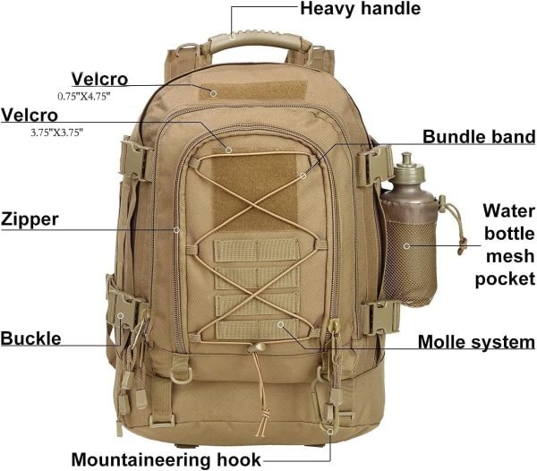 Expandable 40-64L Military Tactical Backpack 3 Day Bag Hiking Gym Sport Camping(Brown)