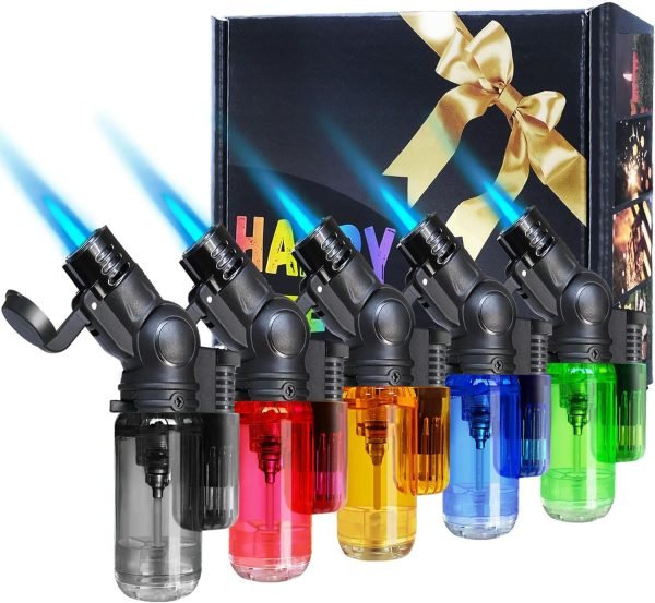 5 Pack Torch Lighter Mini Refillable Butane Lighters Single Jet Flame 45° Rotatable Torch Lighters Windproof Adjustable Butane Gas Lighter for Candle Camping Fireplace Party BBQ Grill(Without Fuel)