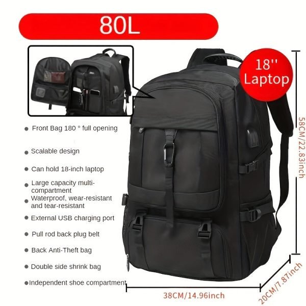 50/80L Travel Backpack With Shoe Compartment, Waterproof Sports Bagpack, Fits For 17-Inch Laptop